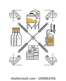 Linear vector brewing concept. Craft beer, brewery. Icon with beer glass, bottle, mug, keg, beer tap, hops and wheat. Isolated elements on white background.