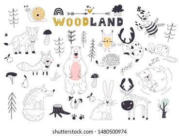 The linear vector children's illustration set cute forest animals  Woody landscape and Bear Deer Hare Wolf Moose Fox Owl Squirrel creatures repeatable background  