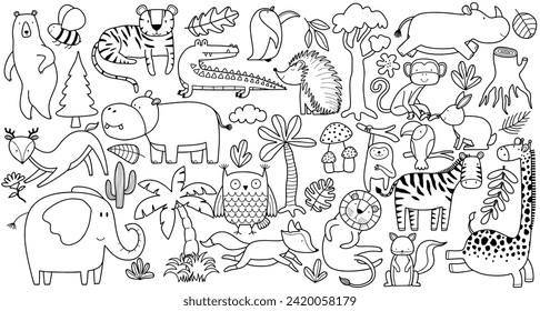 linear vector children's illustration set of cute forest animals.