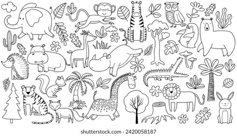 linear vector children's illustration set of cute forest animals.