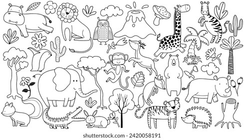 linear vector children's illustration set of cute forest animals.