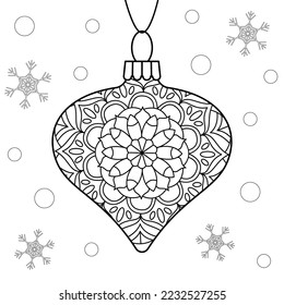 Juguete de Navidad vectorial lineal con un patrón ornamental. Decoración de vidrio aislado para la página de colores de las vacaciones de invierno