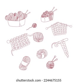 Linear vector collection of knitting threads. Yarn, knitting, knitting needles. Hobby.