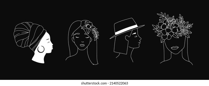 Linear Vector Collection Of Women Portraits ( Black Woman, Floral, Flowers, Hat, Bouquet). 4 Woman Logotypes In Monoline Style. Perfect For Logo, Shops, Cards, Branding, Social Media Et