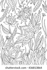 linear vector color book , flowers, leaves and grass. monochrome