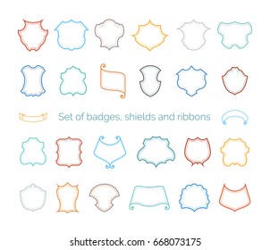 Linear vector contours of badges and ribbons. Various colourful retro borders, frames, shields, labels designs isolated on white background. There is place for your text.