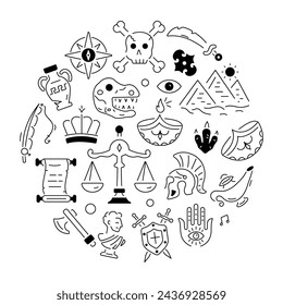 A linear vector designed with various art collectibles and antique elements 