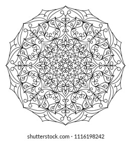 Linear vector detailed mandala. Black on white background