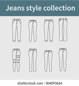 Linear vector drawing of eight different styles of woman jeans. Vector illustration for your design. 