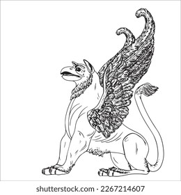 linear vector drawing fantastic creature griffin with wings doodle art