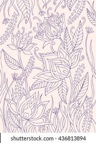 linear vector drawing , flowers, leaves and grass. pink