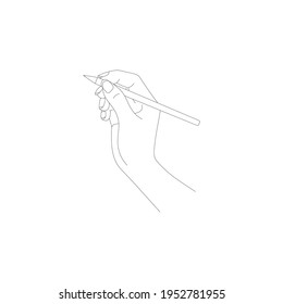 Linear vector drawing of hand and pencil. Contacts icon. Illustration with hand. Template for illustrators, designers, writers.