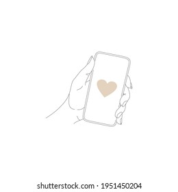 Linear vector drawing of hand and telephone. Icons for the phone. Social networks. Reviews icon. You have been liked.