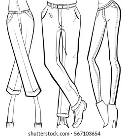 Linear vector drawing of pants, woman and man, white background - vector illustration