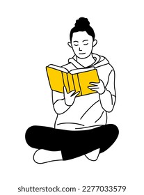 Linear vector drawing of young girl reading book. 