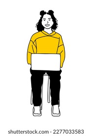 Linear vector drawing of young girl with laptop.