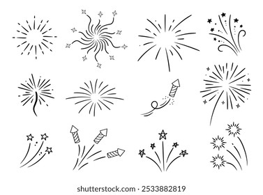 Linear vector explosions set. Hand drawn fireworks and stars collection. Doodle sketch. 