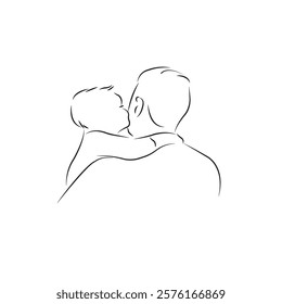 linear vector. father holding little son in his arms