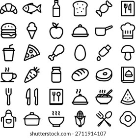 Conjunto de iconos de cocina y comida de Vector lineal con comidas, ingredientes, utensilios y Elementos de cocina. Estilo de contorno limpio ideal para menús, restaurantes, App de comida, recetas y proyectos de diseño culinario