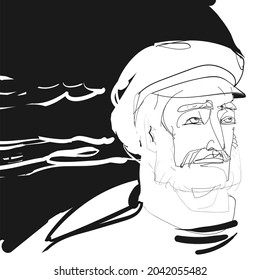 Linear, vector freehand drawing. Sketch, abstract face of a sailor, fisherman, crab catcher man. Sea wolf.
