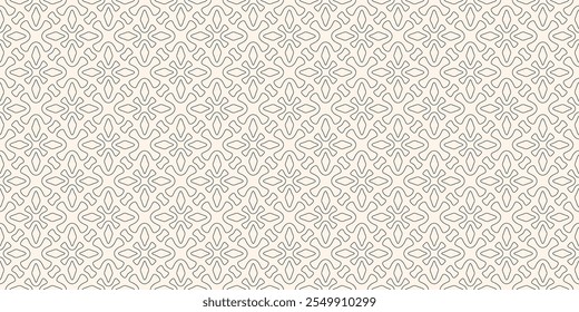 Linear vector geometric seamless pattern. Abstract minimal ornamental texture with flower silhouettes, leaves, crosses, outline shapes. Simple black and white background. Repeated monochrome design