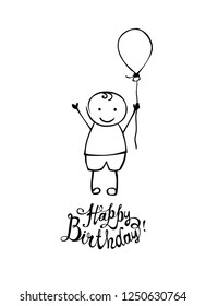 Linear vector girl with balloon. Man in the children's style. Black on white