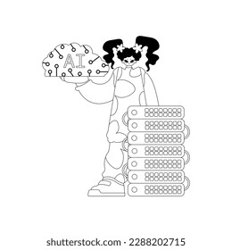 A linear vector graphic style depicting a girl and AI server with an AI theme
