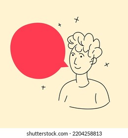 Linear vector graphics. Male figure close-up. Minimalistic cute cartoon-style graphics. The man wants to say something.