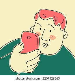 Linear vector graphics. Male figure close-up. A person holds a phone in his hand and looks at the screen.