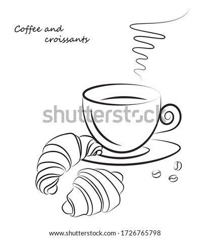 Linear vector hand drawn croissants and a cup of coffee. Vector isolated on white background for design menu cafe,bistro, restaurant, label and packaging.