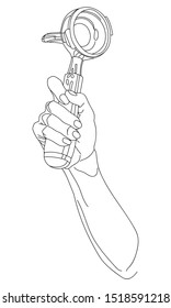 Linear vector. A hand holds a detail from a coffee machine.