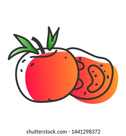 Linear vector handdrawn juicy vegetables and fruit.  Gradient color eco natural healthy organic tomato. Sketch style illustration
