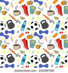 Linear vector healthy lifestyle set in color, seamless pattern