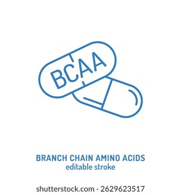 Linear vector icon of BCAA. Branched-chain amino acids symbol featuring leucine, isoleucine, and valine. Represents muscle recovery, energy boost, athletic performance. Editable vector illustration