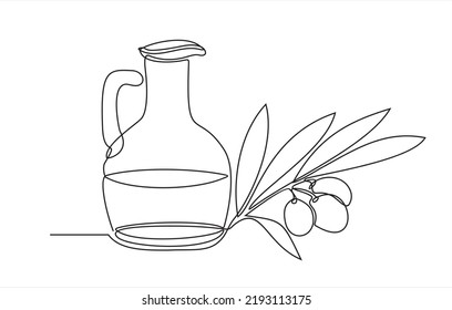 Linear vector icon of the bottle with olive oil and olive -Continuous one line drawing