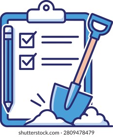 Linear vector icon of a clipboard with checkmarks, a pencil, and a shovel, representing construction site inspection, project planning, or ground breaking works.