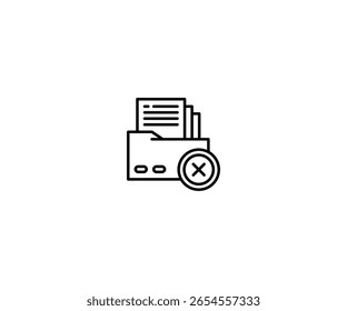 A linear vector icon depicting a folder filled with papers, crossed out with an X symbol. The minimalist design is suitable for illustrating data deletion, file rejection, or error messages.