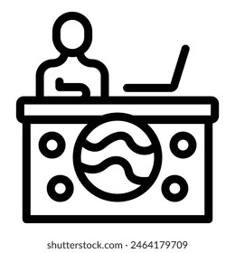 A linear vector icon depicting a person at a desk with a laptop, representing office work