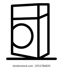 Linear vector icon of a detergent or softener package standing on a washing machine, ready for laundry