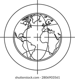 Linear vector icon of a globe within a crosshair target, symbolizing global strategy, worldwide market targeting, and international business reach.