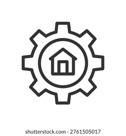 Linear vector icon of a house with a gear symbol representing home automation, system configuration, smart home control, and technology-driven living environments