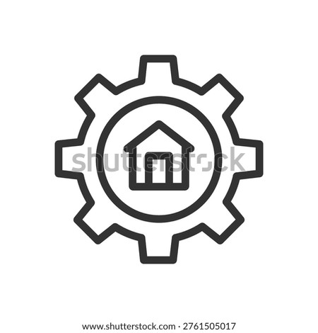 Linear vector icon of a house with a gear symbol representing home automation, system configuration, smart home control, and technology-driven living environments