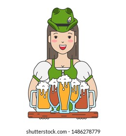 Linear vector icon illustration of a pretty german girl waiter holding a tray full of beer mugs on october festival. Oktoberfest symbol.