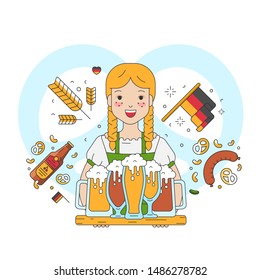 Linear vector icon illustration of a pretty german girl waiter holding a tray full of beer mugs on october festival. Oktoberfest symbol.