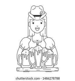 Linear vector icon illustration of a pretty german girl waiter holding a tray full of beer mugs on october festival. Oktoberfest symbol.