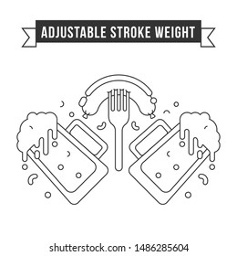 Linear vector icon illustration of two beer mugs with bubbles and foam in pub or bar with grilled sausage on fork on october festival. Oktoberfest symbol isolated.