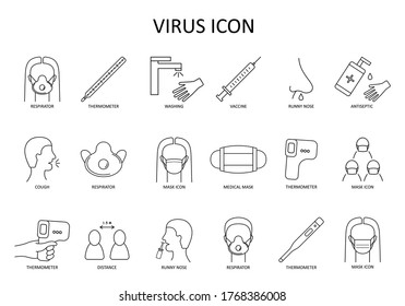 Linear vector icon: medical face mask; respirator; cough; thermometer; distance; washing hands; runny nose; caccine; antiseptic.  Antiviral drawing. Illustration on the theme of coronavirus.
