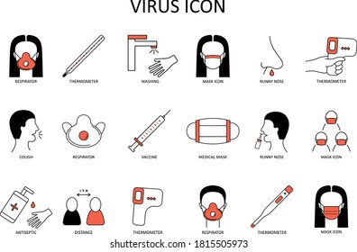 Linear vector icon: medical face mask; respirator; cough; thermometer; distance; washing hands; runny nose; caccine; antiseptic.  Antiviral drawing. Illustration on the theme of coronavirus.