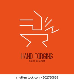 Linear vector icon of in modern style on a theme of hand forging on orange background. It can be used as logo for smithy, metallurgical factory or other. 
