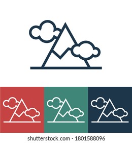 Linear vector icon with mountains and clouds